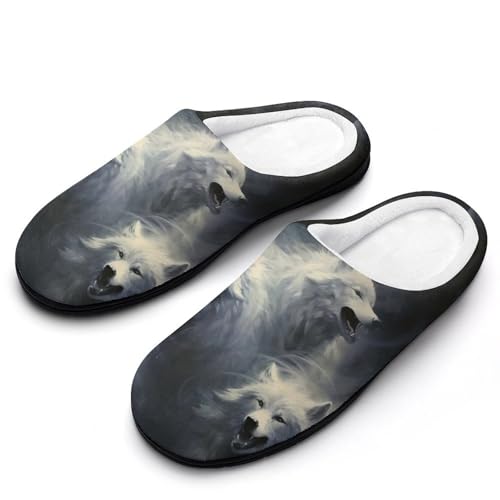 FWJZDSP Wolf-1 Damen Baumwollpantoffeln Weiche Geschlossene Zehen Hausschuhe Rutschfeste Hausschuhe für Drinnen Draußen von FWJZDSP