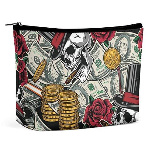 Geld-Make-up-Tasche mit Totenkopf-Blumen-Motiv, Day of The Dead Rose, Reise-Make-up-Tasche, Make-up-Tasche aus PU-Leder, Kosmetiktasche für Geldbörse, tragbare Kulturtasche, Make-up-Taschen für den von FWJZDSP