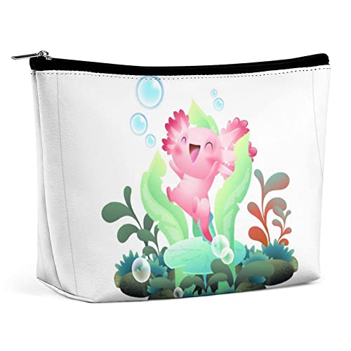 Happy Axolotl Make-up-Tasche, niedliche rosa Salamander-Reise-Make-up-Tasche, Make-up-Tasche aus PU-Leder, Kosmetiktasche für Geldbörse, tragbare Kulturtasche, Make-up-Taschen für den Innenbereich f von FWJZDSP