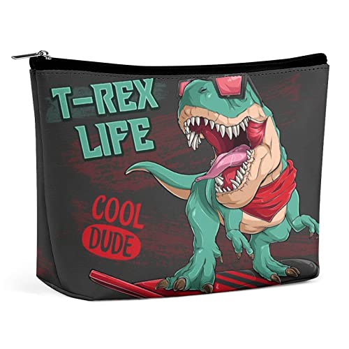 Lustige Dinosaurier-Skateboarding-Make-up-Tasche, Reise-Make-up-Tasche, PU-Leder-Make-up-Tasche, Kosmetiktasche für Geldbörse, tragbare Kulturtasche, Indoor-Make-up-Taschen für Frauen von FWJZDSP