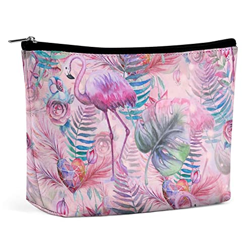 Make-up-Tasche, Aquarell, tropisches Blumenmuster, PU-Leder, wasserdichte Kosmetiktasche für Geldbörse/Make-up-Tasche/Kulturbeutel, rosa Flamingo, Bunte tragbare Reise-Make-up-Tasche für Frauen von FWJZDSP