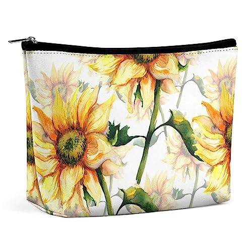 Make-up-Tasche, Aquarell-Sonnenblumen-Blumen, PU-Leder, wasserdichte Kosmetiktasche für Geldbörse/Make-up-Tasche/Kulturbeutel, natürliche Blumen, Frühling, tragbare Reise-Make-up-Tasche für Frauen von FWJZDSP