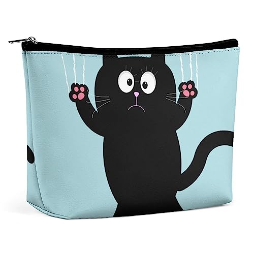 Make-up-Tasche, Cartoon-Motiv, lustige Schwarze Katze, wasserdichte Kosmetiktasche für Geldbörse, Krallenkratzer, Schieber, Make-up-Tasche aus PU-Leder mit Reißverschluss, Reise-Kulturbeutel für Fra von FWJZDSP