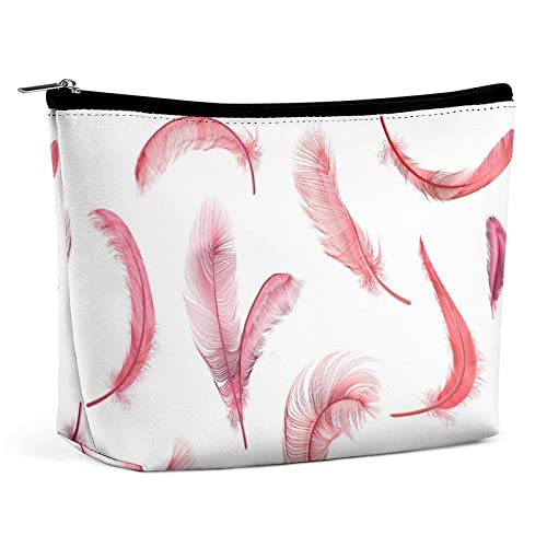 Make-up-Tasche, Flamingo-Feder, rosa, wasserdichte Kosmetiktasche für Geldbörse, Sommer-Make-up-Tasche aus PU-Leder mit Reißverschluss, Reise-Kulturbeutel für Frauen von FWJZDSP