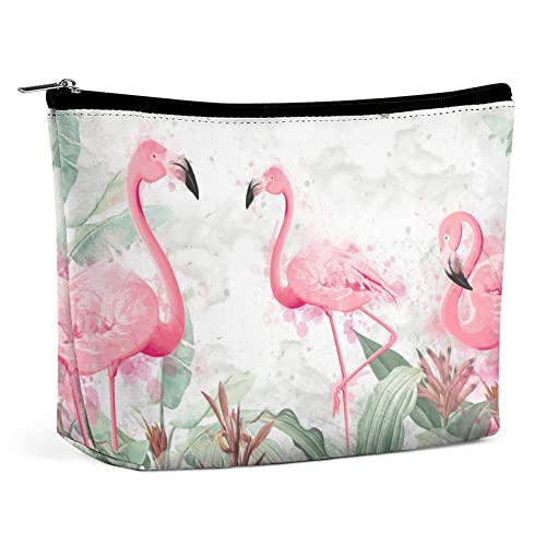 Make-up-Tasche, Flamingos, Tropische Pflanzen, PU-Leder, wasserdichte Kosmetiktasche für Geldbörse/Make-up-Tasche/Kulturbeutel, Aquarell, tragbare Reise-Make-up-Tasche für Frauen von FWJZDSP