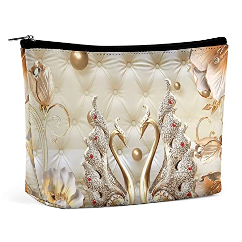 Make-up-Tasche, Marmor, goldene Schwäne, Blumen, wasserdichte Kosmetiktasche für Geldbörse, 3D-luxuriöse Make-up-Tasche aus PU-Leder mit Reißverschluss, Reise-Kulturtasche für Frauen von FWJZDSP