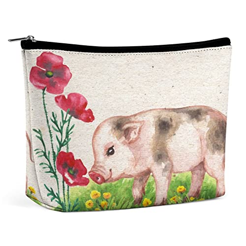 Make-up-Tasche, Motiv: Schwein, Mohnblumen, Vintage-Stil, PU-Leder, wasserdichte Kosmetiktasche für Geldbörse/Make-up-Beutel/Kulturbeutel, Aquarell-Blumen, lustige tragbare Reise-Make-up-Tasche für von FWJZDSP