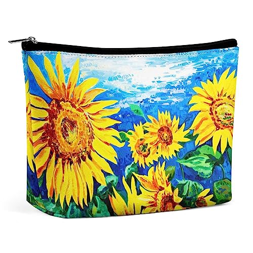 Make-up-Tasche, Ölgemälde, Sonnenblumen, wasserdichte Kosmetiktasche für Geldbörse, Frühlingsblumen, Vintage-Stil, PU-Leder, Make-up-Tasche mit Reißverschluss, Reise-Kulturbeutel für Frauen von FWJZDSP