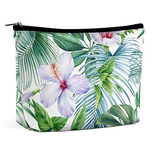 Make-up-Tasche, Palmenblätter, Aquarell, PU-Leder, wasserdichte Kosmetiktasche für Geldbörse/Make-up-Tasche/Kulturbeutel, Tropische Blumen, tragbare Reise-Make-up-Tasche für Frauen von FWJZDSP