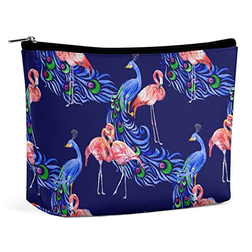 Make-up-Tasche, Pfauenvogel, Flamingo, PU-Leder, wasserdichte Kosmetiktasche für Geldbörse/Make-up-Tasche/Kulturbeutel, Aquarell-Retro, tragbare Reise-Make-up-Tasche für Frauen von FWJZDSP