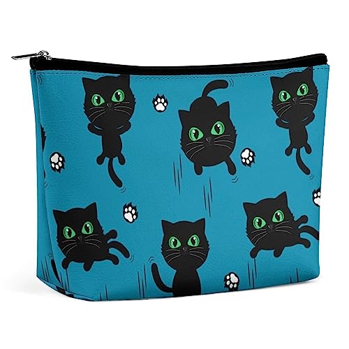 Make-up-Tasche, Schwarze Katze, Kätzchen, Cartoon, wasserdichte Kosmetiktasche für Geldbörse, niedliche Krallenkratzer-Make-up-Tasche aus PU-Leder mit Reißverschluss, Reise-Kulturbeutel für Frauen von FWJZDSP