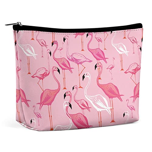 Make-up-Tasche, Sommer-Flamingo-Muster, wasserdichte Kosmetiktasche für Geldbörse, Cartoon-Rosa, PU-Leder, Make-up-Tasche mit Reißverschluss, Reise-Kulturbeutel für Damen von FWJZDSP