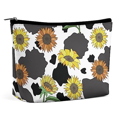 Make-up-Tasche, Sommer-Sonnenblumen-Landhaus, PU-Leder, wasserdichte Kosmetiktasche für Geldbörse/Make-up-Tasche/Kulturbeutel, schwarz-weißes Kuhmuster, tragbare Reise-Make-up-Tasche für Frauen von FWJZDSP