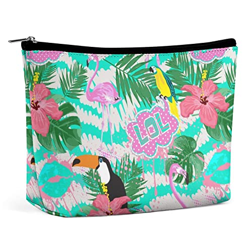 Make-up-Tasche, Sommer-Tropischer Flamingo, PU-Leder, wasserdichte Kosmetiktasche für Geldbörse/Make-up-Tasche/Kulturbeutel, Palmblätter, gestreift, tragbare Reise-Make-up-Tasche für Frauen von FWJZDSP