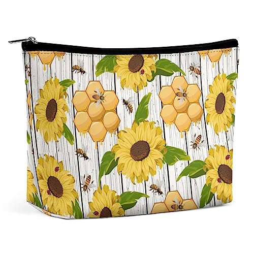 Make-up-Tasche, Sonnenblumen, Holzwaben, PU-Leder, wasserdichte Kosmetiktasche für Geldbörse/Make-up-Tasche/Kulturbeutel, tragbare Reise-Make-up-Tasche für Frauen von FWJZDSP