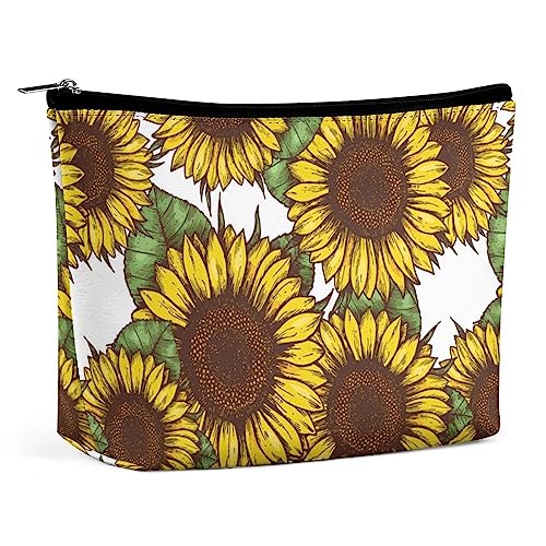 Make-up-Tasche, Sonnenblumen, Vintage-Frühling, wasserdichte Kosmetiktasche für Geldbörse, Sommerblumen, Pflanzen, Make-up-Tasche aus PU-Leder mit Reißverschluss, Reise-Kulturtasche für Frauen von FWJZDSP