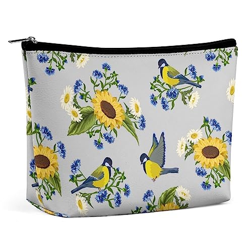 Make-up-Tasche, Sonnenblumen, Vögel, Kornblumen, PU-Leder, wasserdichte Kosmetiktasche für Geldbörse/Make-up-Tasche/Kulturbeutel, florales Vintage-Design, tragbare Reise-Make-up-Tasche für Frauen von FWJZDSP