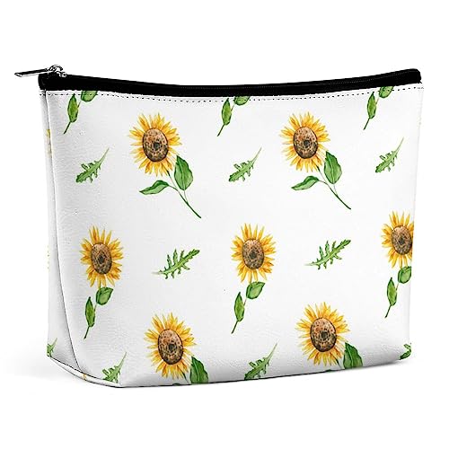 Make-up-Tasche, Sonnenblumen-Aquarell, Rucola, wasserdichte Kosmetiktasche für Geldbörse, sonniges gelbes Blumenmuster, Make-up-Tasche aus PU-Leder mit Reißverschluss, Reise-Kulturtasche für Frauen von FWJZDSP