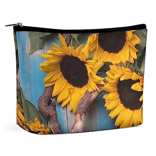 Make-up-Tasche, Sonnenblumen-Blau, Vintage, wasserdichte Kosmetiktasche für Geldbörse, Vintage-Blumen, Holz-PU-Leder-Make-up-Tasche mit Reißverschluss, Reise-Kulturtasche für Frauen von FWJZDSP