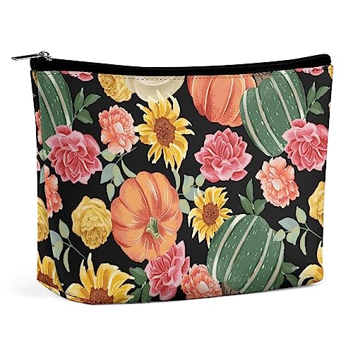 Make-up-Tasche, Sonnenblumen-Herbst-Kürbisse, PU-Leder, wasserdichte Kosmetiktasche für Geldbörse/Make-up-Tasche/Kulturbeutel, tragbare Reise-Make-up-Tasche mit Herbstblumenmuster für Frauen von FWJZDSP