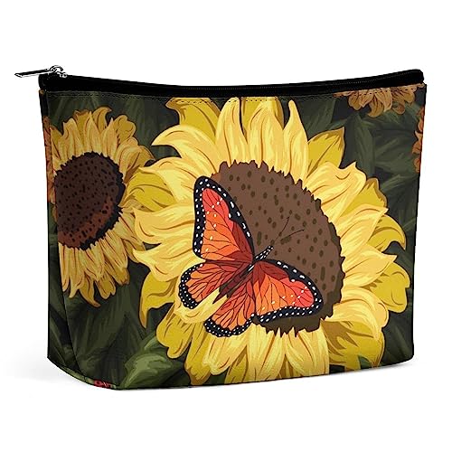 Make-up-Tasche, Sonnenblumen-Insekten, schwarzes PU-Leder, wasserdichte Kosmetiktasche für Geldbörse/Make-up-Tasche/Kulturbeutel, Schmetterling, Sommer, tragbare Reise-Make-up-Tasche für Frauen von FWJZDSP