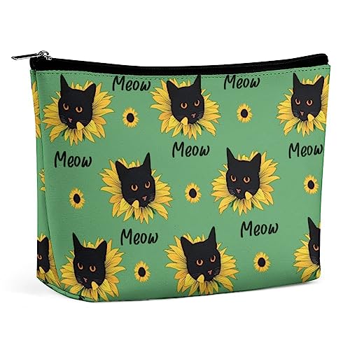 Make-up-Tasche, Sonnenblumen-Katze, grün, wasserdichte Kosmetiktasche für Geldbörse, einzigartige lustige Make-up-Tasche aus PU-Leder mit Reißverschluss, Reise-Kulturbeutel für Frauen von FWJZDSP