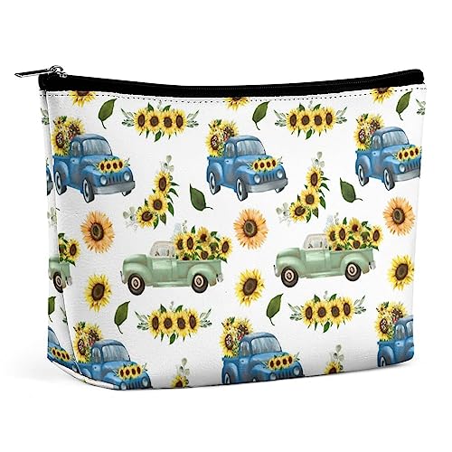 Make-up-Tasche, Sonnenblumen-Trucks, weiß, wasserdichte Kosmetiktasche für Geldbörse, Auto, florales PU-Leder-Make-up-Etui mit Reißverschluss, Reise-Kulturbeutel für Frauen von FWJZDSP