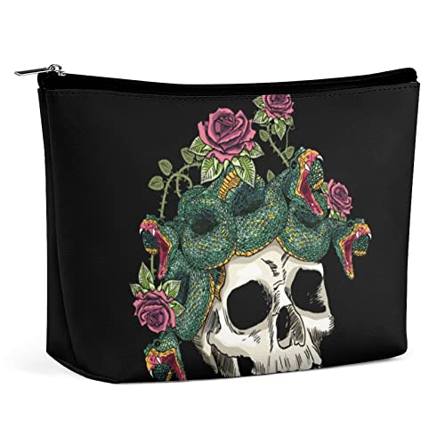 Make-up-Tasche, Totenkopf-Schlangen-Rosen, wasserdichte Kosmetiktasche für Geldbörse, einzigartige Vintage-Make-up-Tasche aus PU-Leder mit Reißverschluss, Reise-Kulturbeutel für Frauen von FWJZDSP