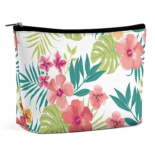 Make-up-Tasche, Tropische Blumen, PU-Leder, wasserdichte Kosmetiktasche für Geldbörse/Make-up-Tasche/Kulturbeutel, Bunte Palmenblätter, tragbare Reise-Make-up-Tasche für Frauen von FWJZDSP