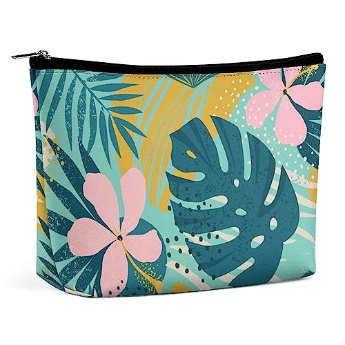 Make-up-Tasche, Tropische Blumen, Palmenblätter, PU-Leder, wasserdichte Kosmetiktasche für Geldbörse/Make-up-Beutel/Kulturbeutel, tragbare Reise-Make-up-Tasche für Frauen von FWJZDSP