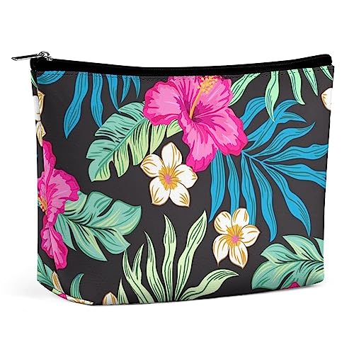 Make-up-Tasche, Tropische Bunte Blumen, wasserdichte Kosmetiktasche für Geldbörse, Palmenblätter, Make-up-Tasche aus PU-Leder mit Reißverschluss, Reise-Kulturtasche für Frauen von FWJZDSP