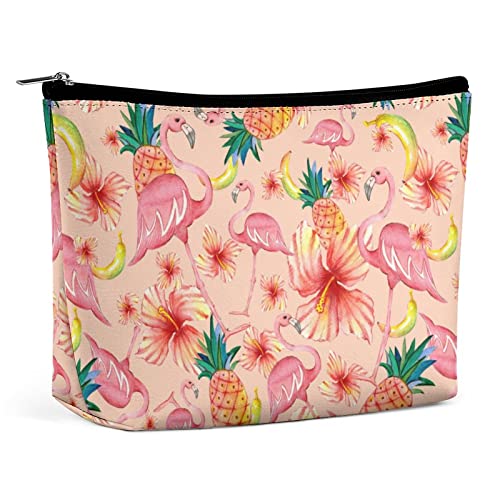 Make-up-Tasche, Tropische rosa Flamingo-Blumen, wasserdichte Kosmetiktasche für Geldbörse, Sommerrosa-Kiefern-PU-Leder-Make-up-Tasche mit Reißverschluss, Reise-Kulturtasche für Frauen von FWJZDSP