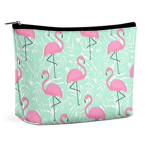 Make-up-Tasche, Tropische rosa Flamingos, PU-Leder, wasserdichte Kosmetiktasche für Geldbörse/Make-up-Tasche/Kulturbeutel, grüne Palmblätter, tragbare Reise-Make-up-Tasche für Frauen von FWJZDSP