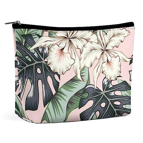 Make-up-Tasche, Tropische weiße Blumen, wasserdichte Kosmetiktasche für Geldbörse, Palmenblätter, Make-up-Tasche aus PU-Leder mit Reißverschluss, Reise-Kulturtasche für Frauen von FWJZDSP