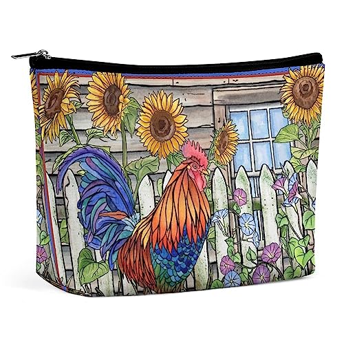 Make-up-Tasche, Vintage-Hahn, Sonnenblumen, wasserdichte Kosmetiktasche für Geldbörse, Retro-Hahn, Make-up-Tasche aus PU-Leder mit Reißverschluss, Reise-Kulturbeutel für Frauen von FWJZDSP