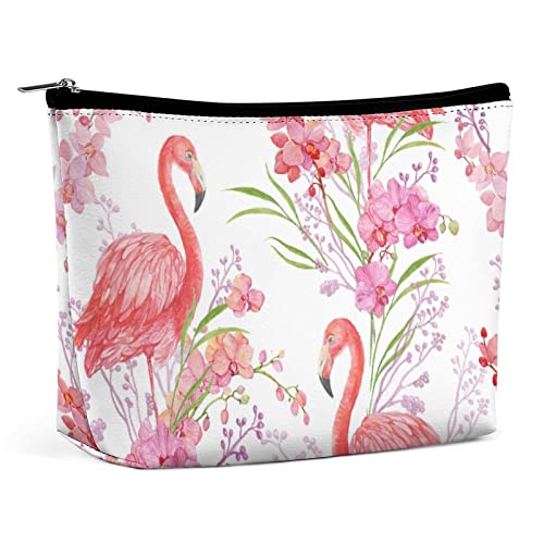 Make-up-Tasche, exotischer rosa Flamingo, PU-Leder, wasserdichte Kosmetiktasche für Geldbörse/Make-up-Tasche/Kulturbeutel, Sommerblume, tragbare Reise-Make-up-Tasche für Frauen von FWJZDSP