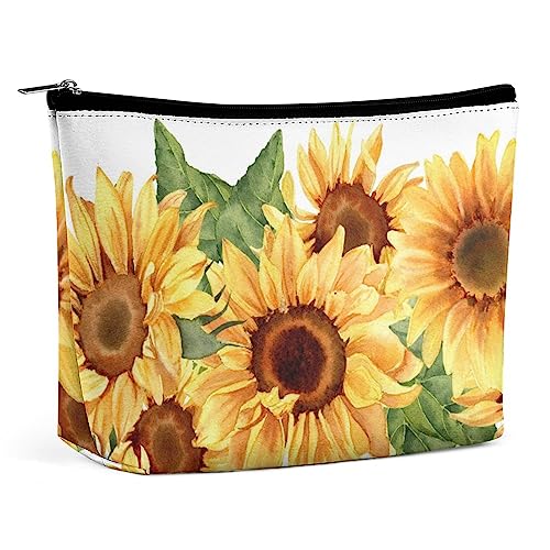 Make-up-Tasche, florales Sommer-Aquarell, wasserdichte Kosmetiktasche für Geldbörse, gelbe Sonnenblume, Make-up-Tasche aus PU-Leder mit Reißverschluss, Reise-Kulturtasche für Frauen von FWJZDSP