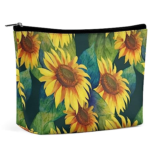 Make-up-Tasche, gelbe Sonnenblumen, Aquarell, PU-Leder, wasserdichte Kosmetiktasche für Geldbörse/Make-up-Tasche/Kulturbeutel, tragbare Reise-Make-up-Tasche für Frauen mit Sommerblumenmuster von FWJZDSP