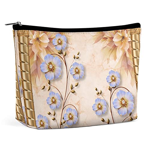 Make-up-Tasche, lila, goldene Blume, wasserdichte Kosmetiktasche für Geldbörse, Aquarell-Marmor-PU-Leder-Make-up-Tasche mit Reißverschluss, Reise-Kulturtasche für Frauen von FWJZDSP