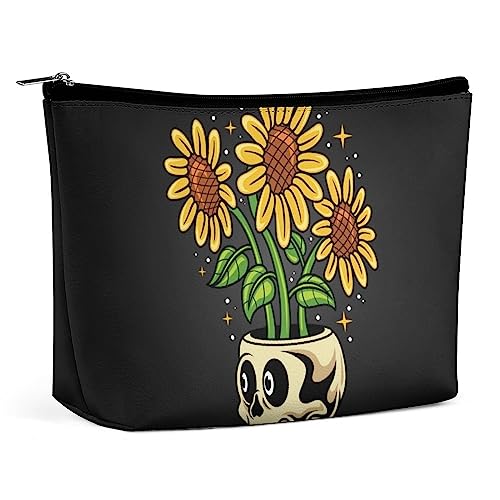 Make-up-Tasche, niedlicher Vintage-Sonnenblumen-Schädel, wasserdichte Kosmetiktasche für Geldbörse, Make-up-Tasche aus PU-Leder mit Reißverschluss, Reise-Kulturbeutel für Frauen von FWJZDSP