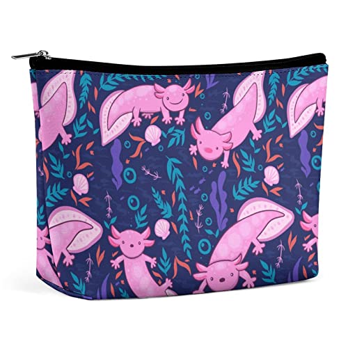 Make-up-Tasche, rosa Axolotl, PU-Leder, wasserdichte Kosmetiktasche für Geldbörse/Make-up-Tasche/Kulturbeutel, nahtloses Muster, tragbare Reise-Make-up-Tasche für Frauen von FWJZDSP