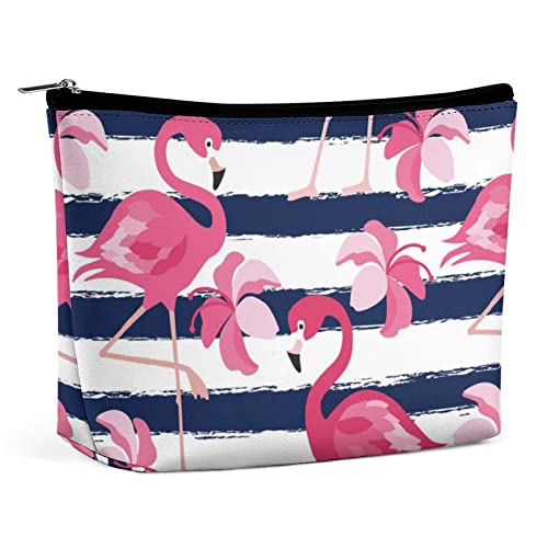 Make-up-Tasche, rosa Flamingo, PU-Leder, wasserdichte Kosmetiktasche für Geldbörse/Make-up-Tasche/Kulturbeutel, Grunge-Streifen, tragbare Reise-Make-up-Tasche für Frauen von FWJZDSP