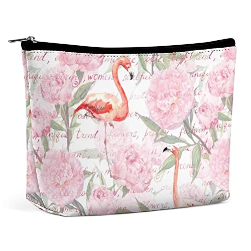 Make-up-Tasche, rosa Flamingo-Vögel, Vintage-Stil, PU-Leder, wasserdichte Kosmetiktasche für Geldbörse/Make-up-Tasche/Kulturbeutel, Pfingstrosenblumen, tragbare Reise-Make-up-Tasche für Frauen von FWJZDSP