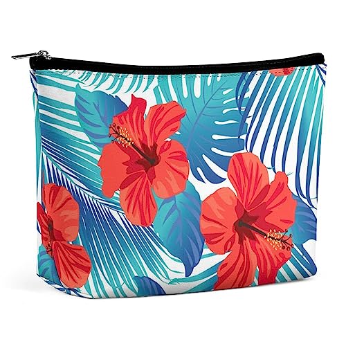 Make-up-Tasche, rote Blume, Palmenblatt, wasserdichte Kosmetiktasche für Geldbörse, Sommer-Tropen-PU-Leder-Make-up-Tasche mit Reißverschluss, Reise-Kulturtasche für Frauen von FWJZDSP