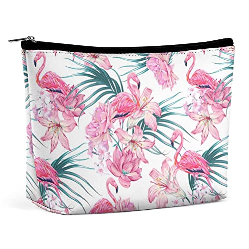 Make-up-Tasche, sanfte Blume, rosa Flamingo, wasserdichte Kosmetiktasche für Geldbörse, Palmenblätter, Make-up-Tasche aus PU-Leder mit Reißverschluss, Reise-Kulturtasche für Frauen von FWJZDSP