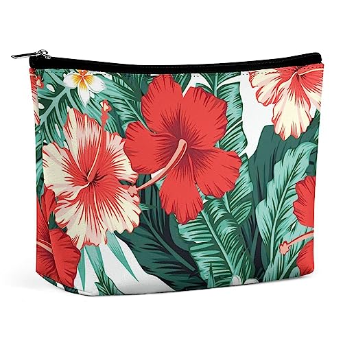 Make-up-Tasche, tropischer Palmen-Hibiskus, PU-Leder, wasserdichte Kosmetiktasche für Geldbörse/Make-up-Tasche/Kulturbeutel, Sommerblumen-Dschungel, tragbare Reise-Make-up-Tasche für Frauen von FWJZDSP