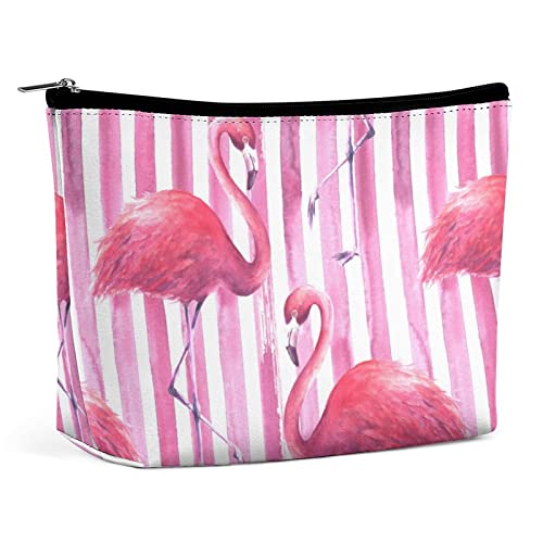 Make-up-Tasche, tropischer exotischer Flamingo, PU-Leder, wasserdichte Kosmetiktasche für Geldbörse/Make-up-Tasche/Kulturbeutel, gestreift, rosa, tragbare Reise-Make-up-Tasche für Frauen von FWJZDSP