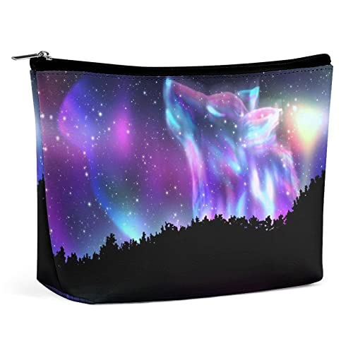 Make-up-Tasche Aurora Boreali Wolf, wasserdichte Kosmetiktasche für Geldbörse, Landschaftsgalaxie, PU-Leder-Make-up-Tasche mit Reißverschluss, Reise-Kulturbeutel für Frauen von FWJZDSP