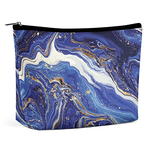 Make-up-Tasche Marble Vortex, luxuriöse wasserdichte Kosmetiktasche aus PU-Leder für Geldbörse/Make-up-Tasche/Kulturbeutel, blau-golden, tragbare Reise-Make-up-Tasche für Frauen von FWJZDSP