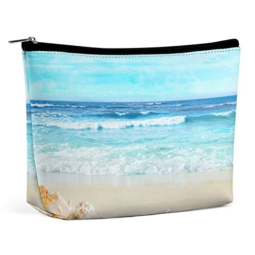 Make-up-Tasche für den Sommer, Ozean, Meerwasser, Muschel- und Seestern-Reise-Make-up-Tasche, Make-up-Tasche aus PU-Leder, Kosmetiktasche für Geldbörse, tragbare Kulturtasche, Make-up-Taschen für de von FWJZDSP